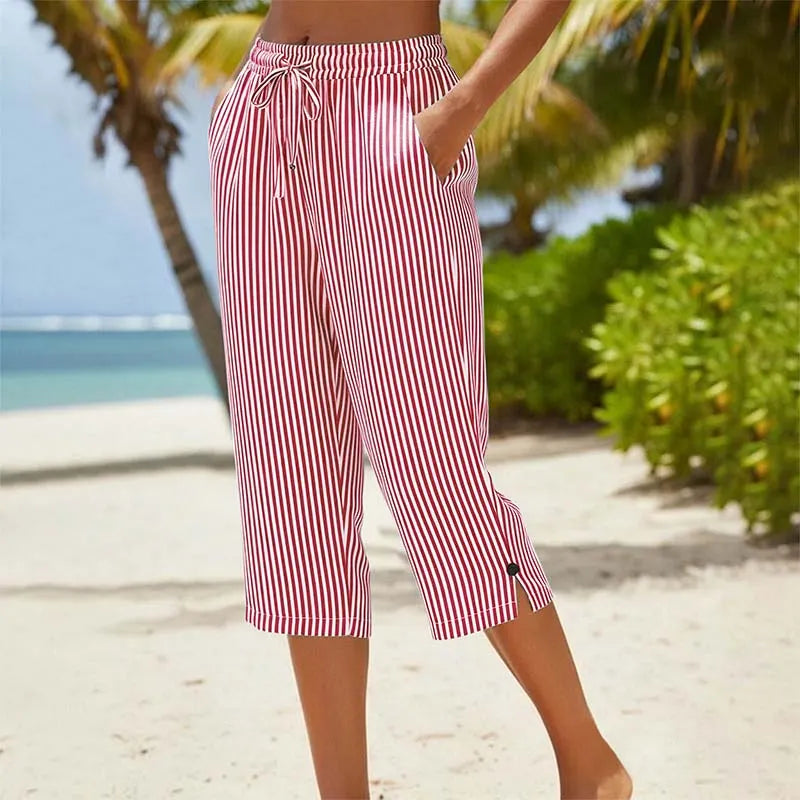 Roselina - Pantalón capri de rayas con cintura ajustable