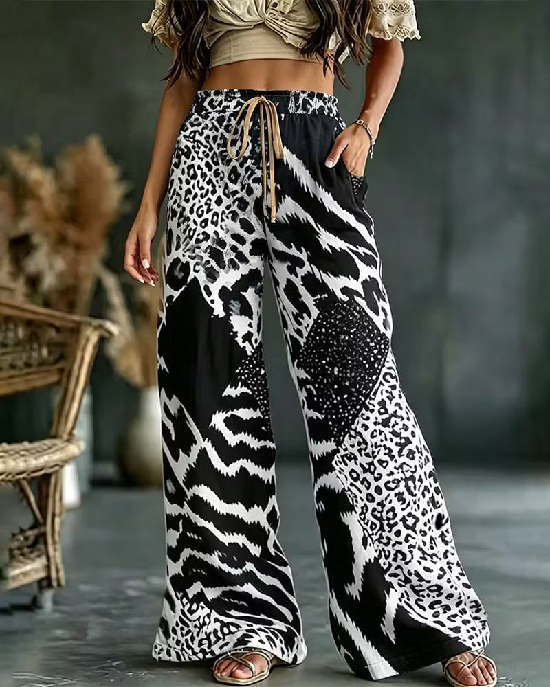 Elfrida - Pantalones de pernera ancha con patchwork de estampado de leopardo de tacto suave