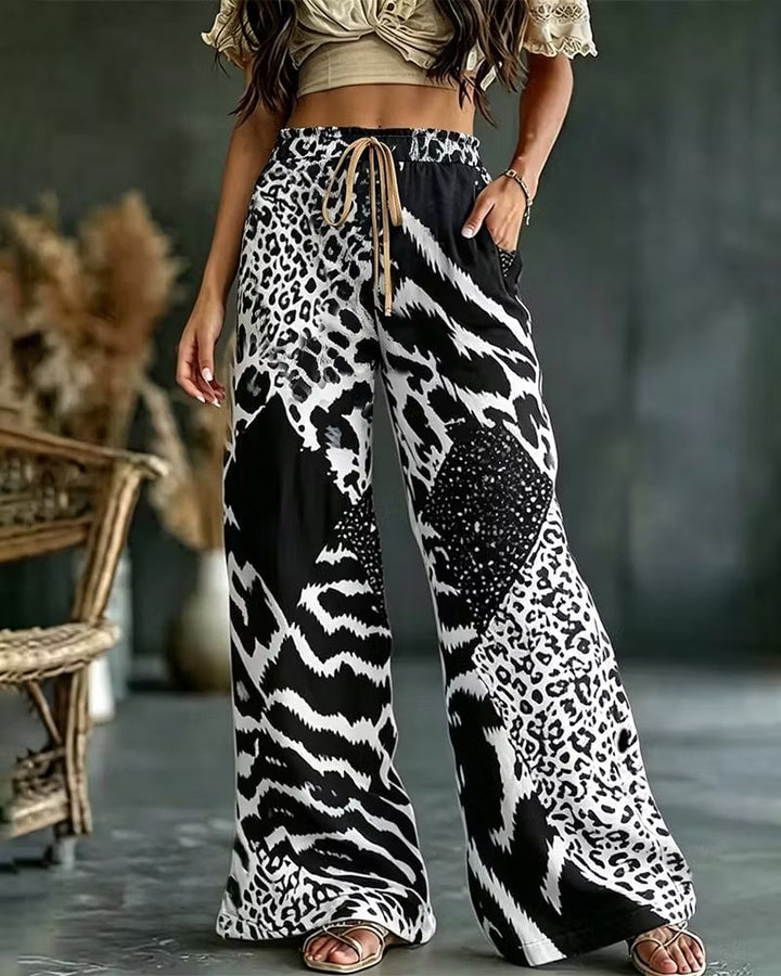 Elfrida - Pantalones de pernera ancha con patchwork de estampado de leopardo de tacto suave
