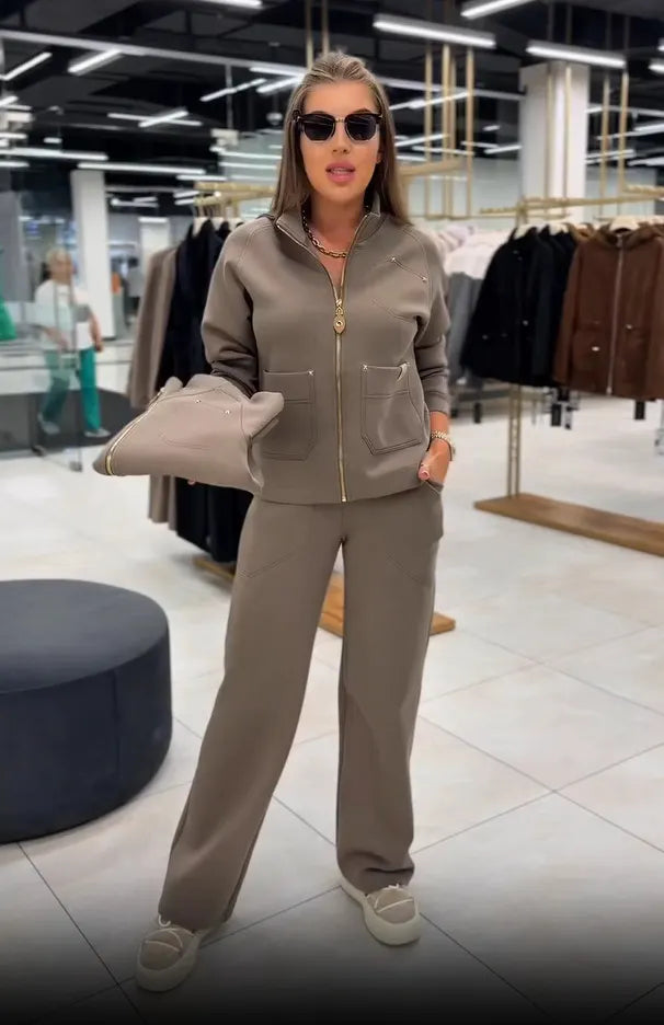 Floranique - Chaqueta corta con cierre delantero y pantalones de pernera ancha