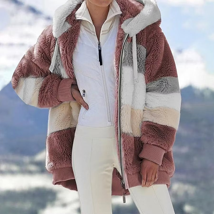 Ruelle - Abrigo de peluche con capucha, corte oversize