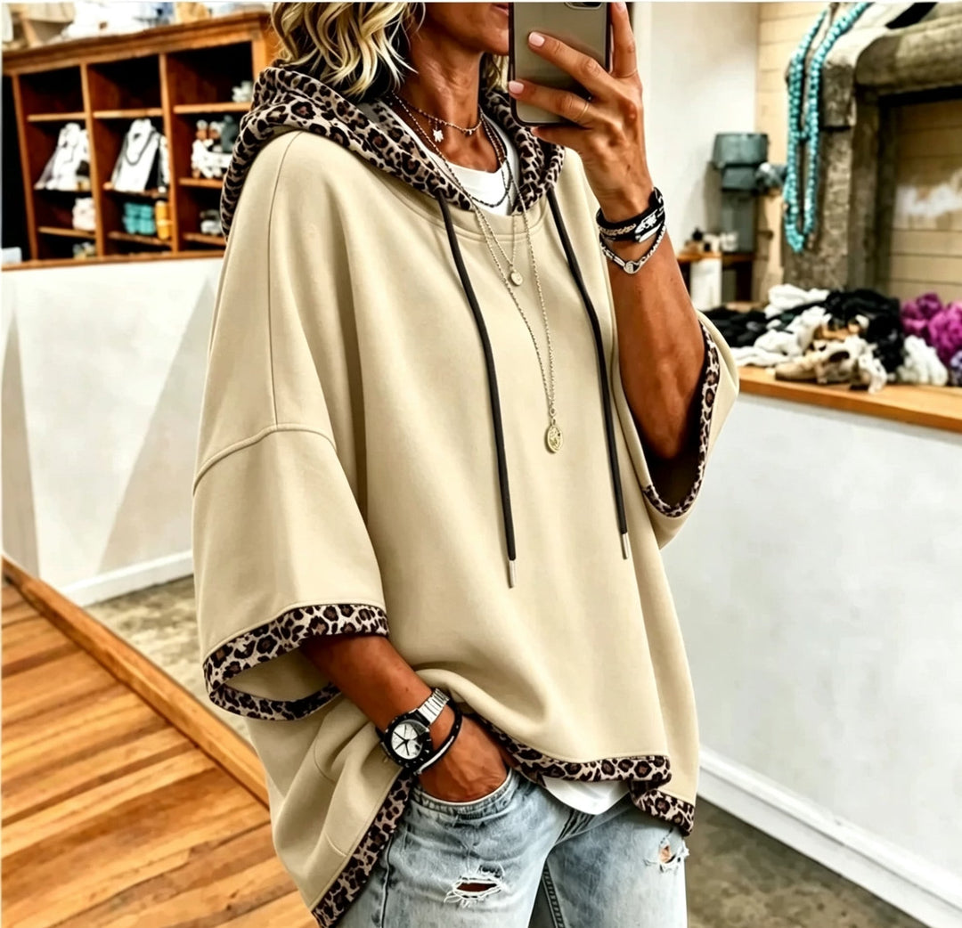 Aliz - Sudadera con capucha, mangas murciélago y ribete de leopardo
