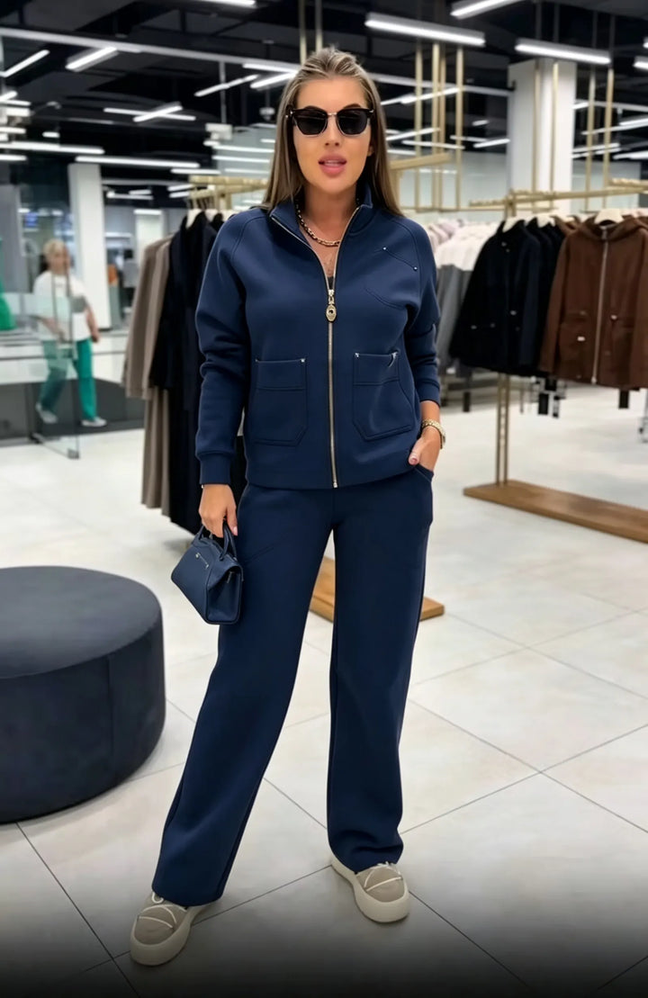 Floranique - Chaqueta corta con cierre delantero y pantalones de pernera ancha