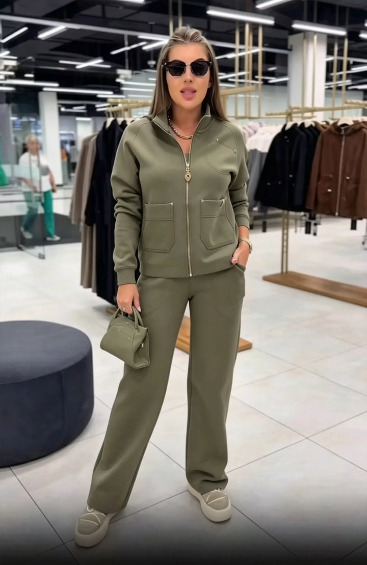 Floranique - Chaqueta corta con cierre delantero y pantalones de pernera ancha