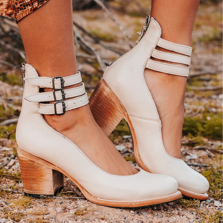 Philomena - Zapatos de tacón de cuero vintage con pulsera al tobillo