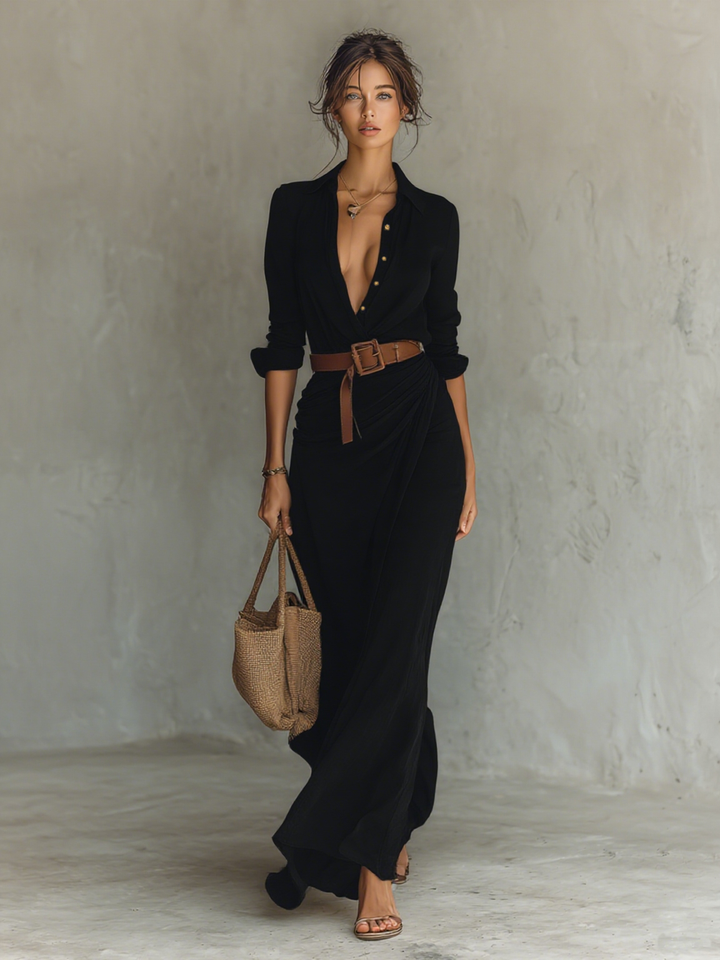 Calantha - Vestido camisero maxi con cintura de tacto suave