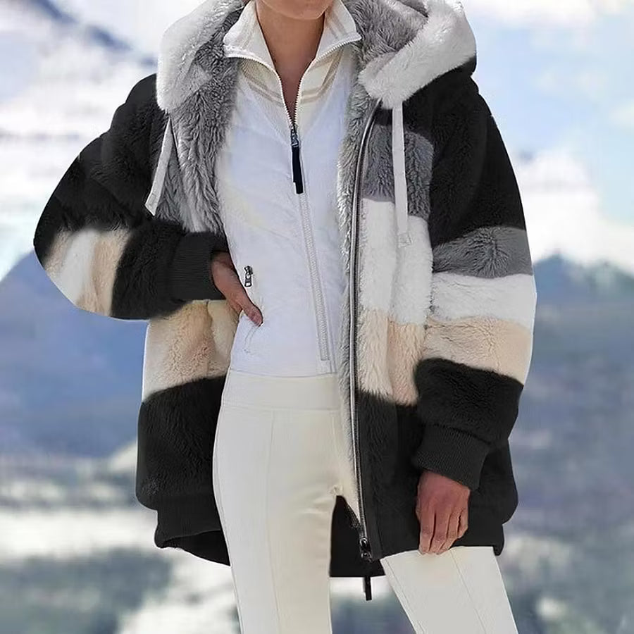Ruelle - Abrigo de peluche con capucha, corte oversize