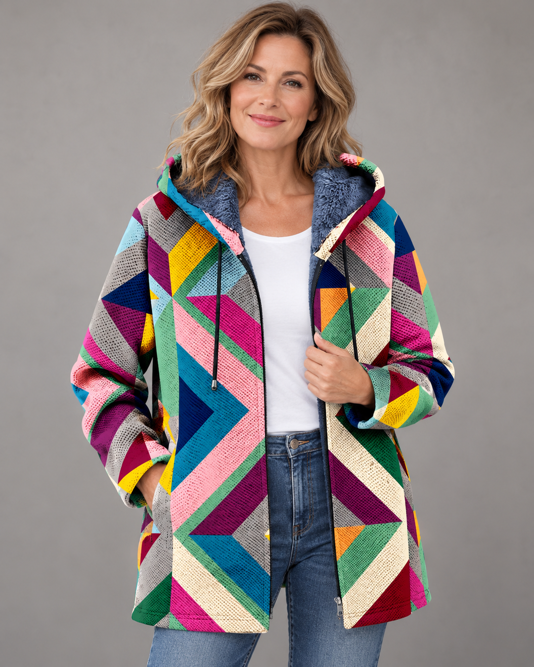 Betha - Chaqueta con capucha con forro de terciopelo geométrico