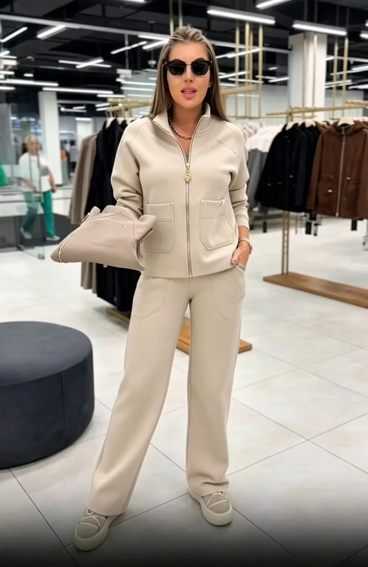 Floranique - Chaqueta corta con cierre delantero y pantalones de pernera ancha