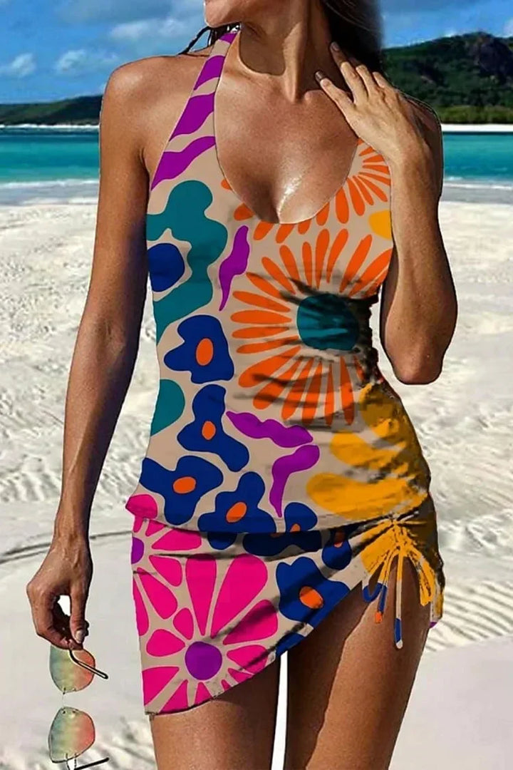 Ysoria - Conjunto de traje de baño estampado con escote halter