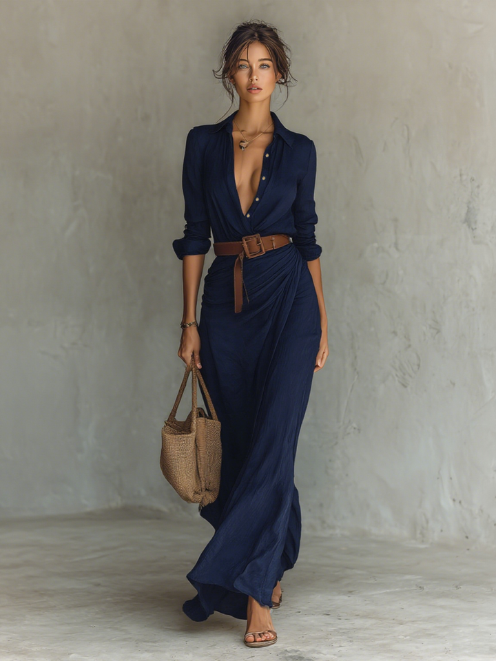 Calantha - Vestido camisero maxi con cintura de tacto suave