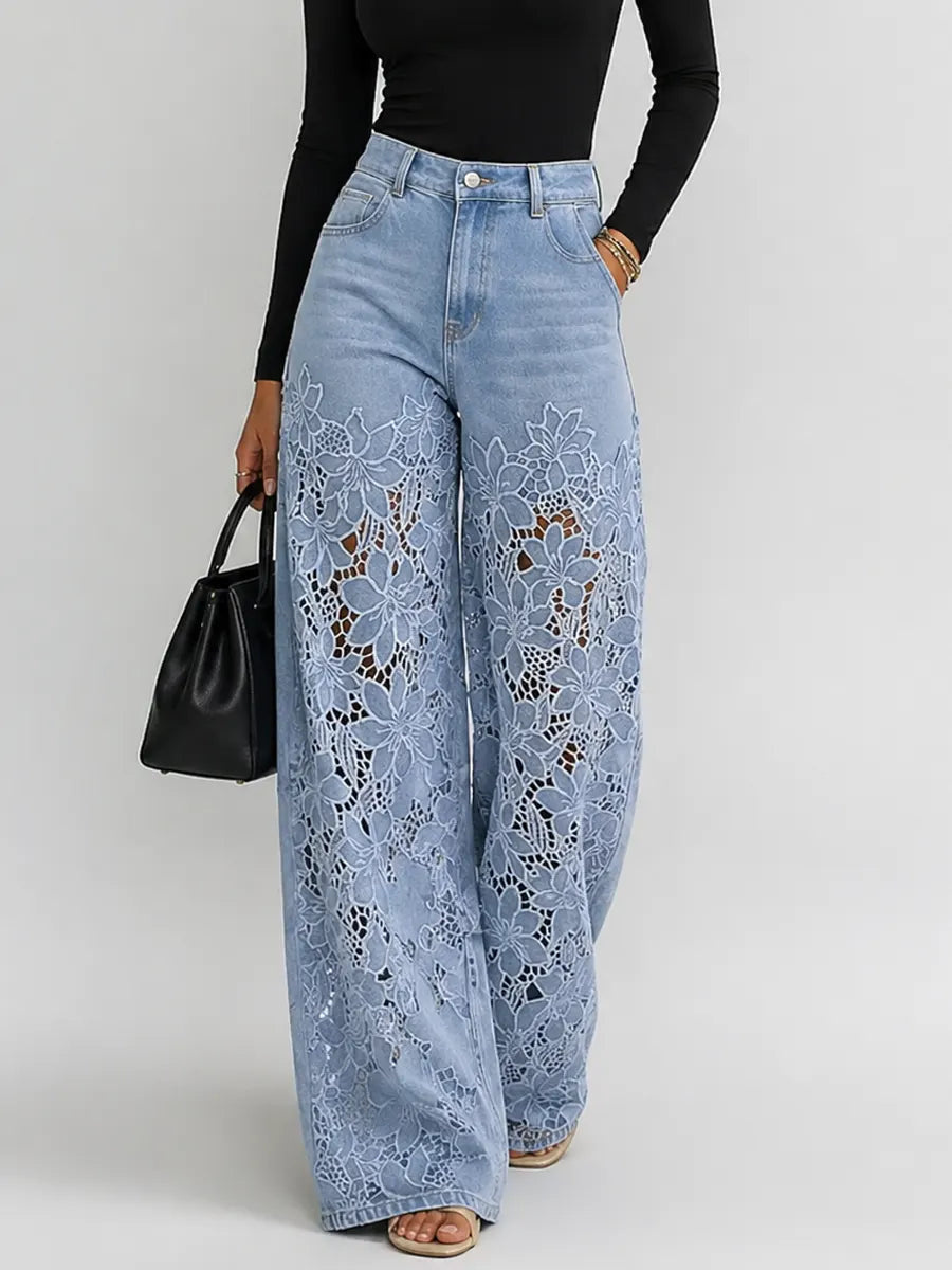 Kaliora - Vaqueros de pernera ancha con encaje floral