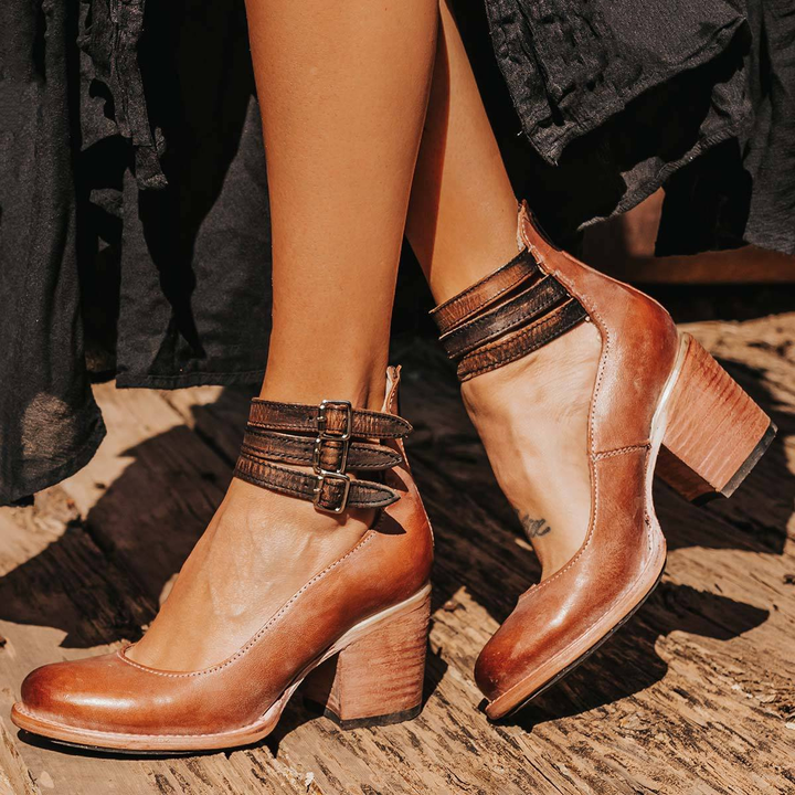 Philomena - Zapatos de tacón de cuero vintage con pulsera al tobillo