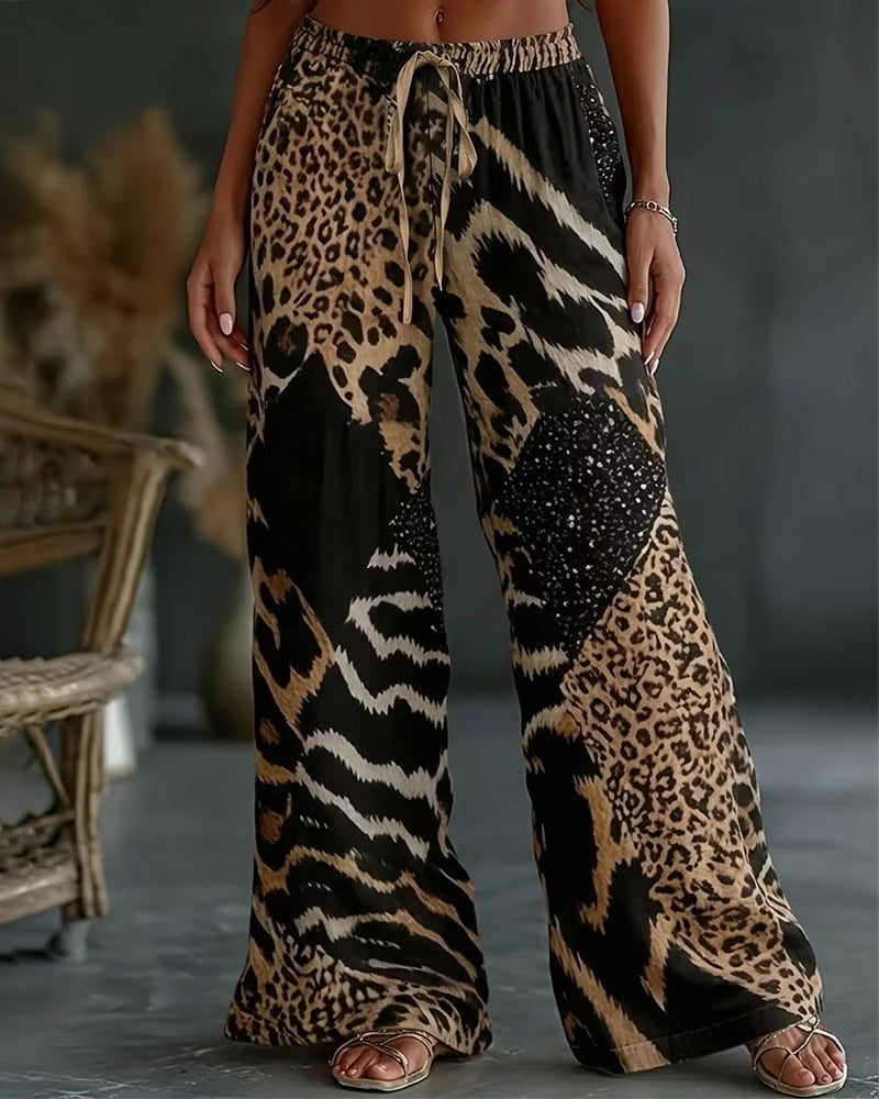 Elfrida - Pantalones de pernera ancha con patchwork de estampado de leopardo de tacto suave