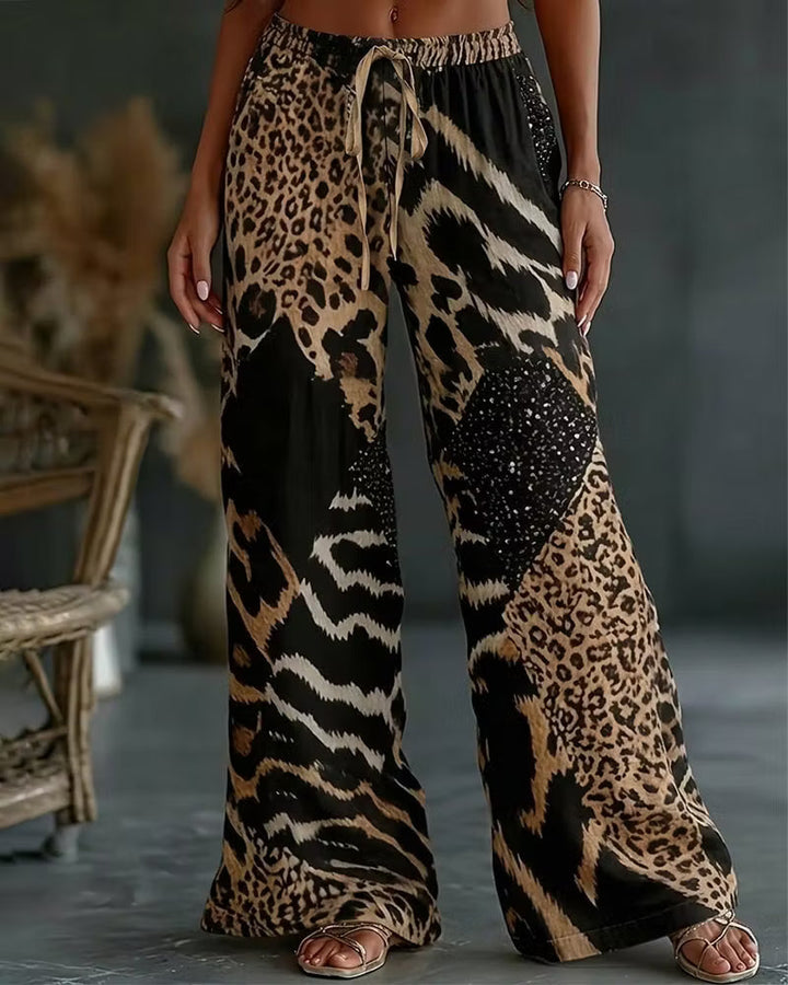 Elfrida - Pantalones de pernera ancha con patchwork de estampado de leopardo de tacto suave