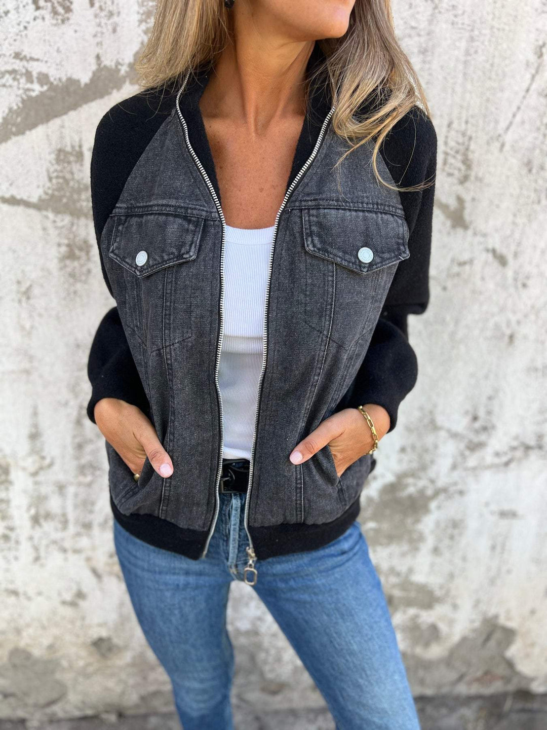 Alinique - Cazadora bomber de denim suave