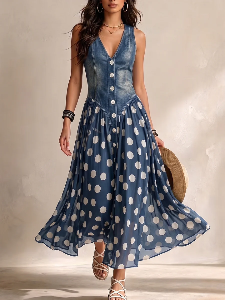 Ameliora - Vestido de lunares de tejidos combinados