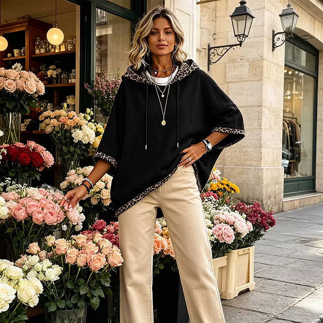 Aliz - Sudadera con capucha, mangas murciélago y ribete de leopardo