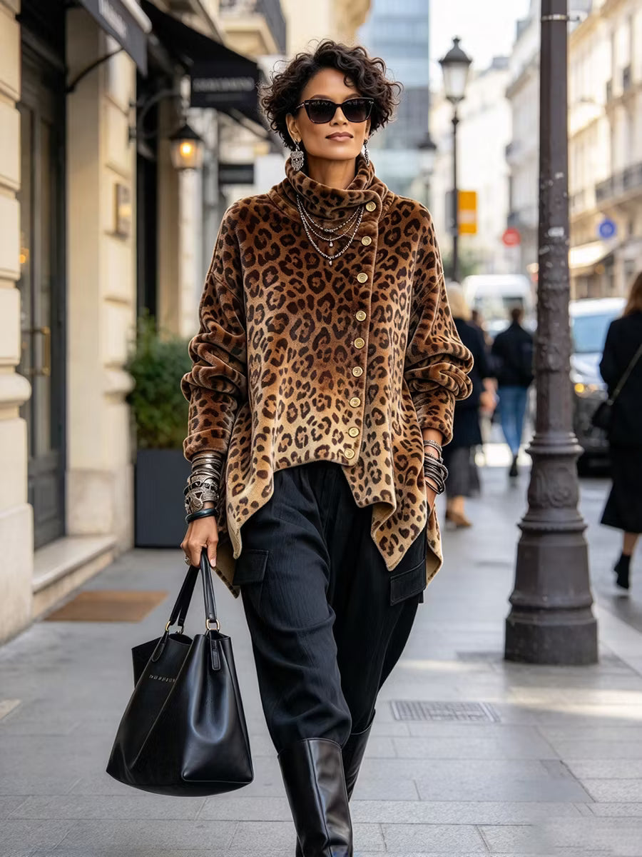 Cilla - Jersey de cuello alto con estampado de leopardo