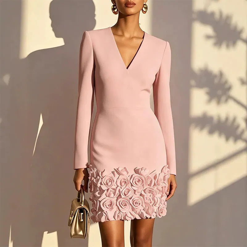 Bernadette - Vestido de manga larga con escote en V y detalle en rosa suave