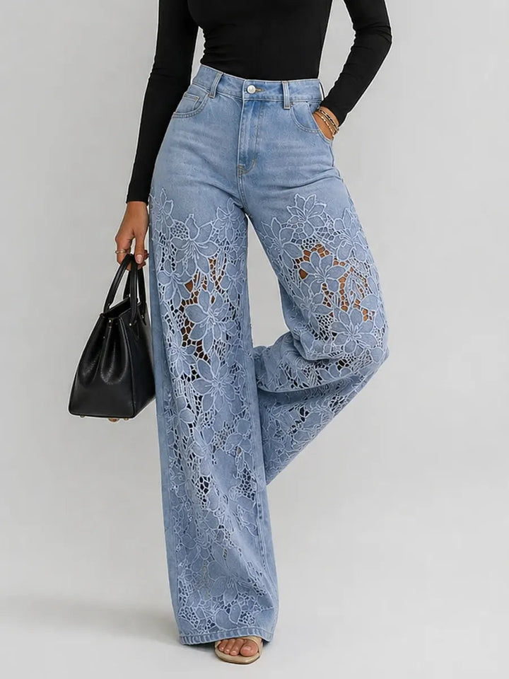 Kaliora - Vaqueros de pernera ancha con encaje floral