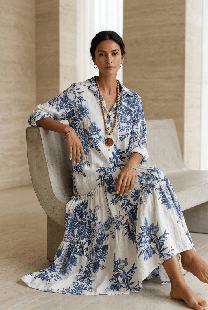 Thealise - Vestido largo ligero con estampado floral y botones