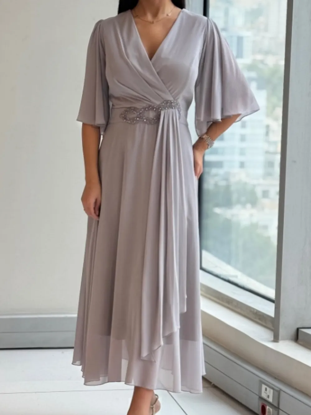 Celinette - Vestido largo de Chiffon con Cintura de Cristal