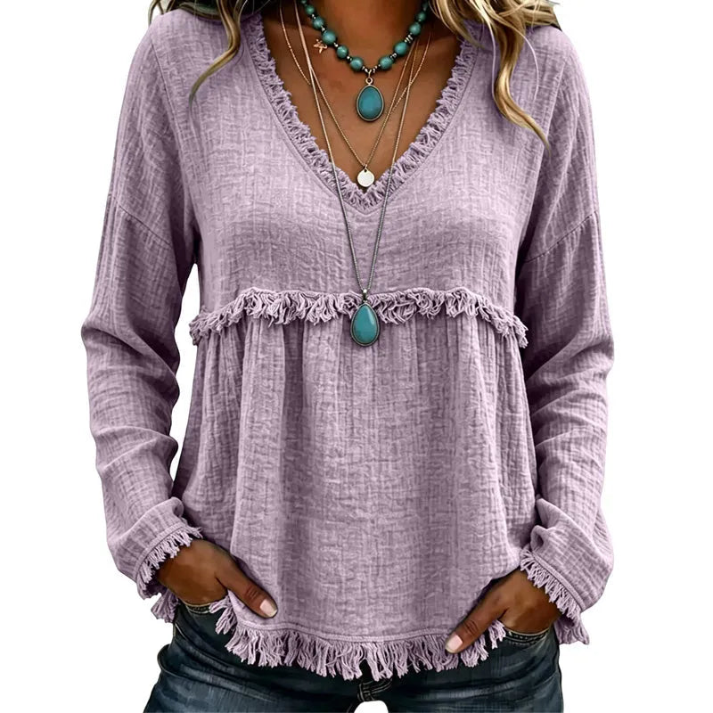 Ariselle - Blusa con escote en V y flecos