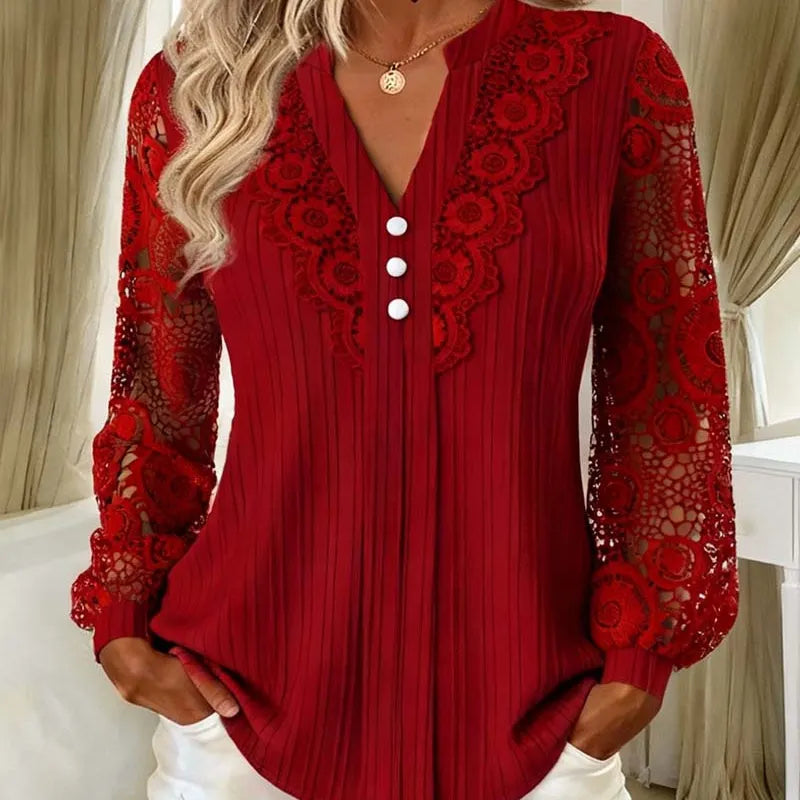 Brinoria - Blusa con mangas de encaje y escote en V