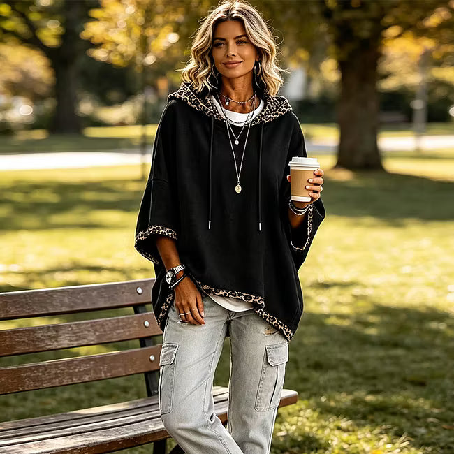 Aliz - Sudadera con capucha, mangas murciélago y ribete de leopardo
