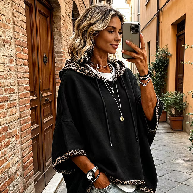 Aliz - Sudadera con capucha, mangas murciélago y ribete de leopardo