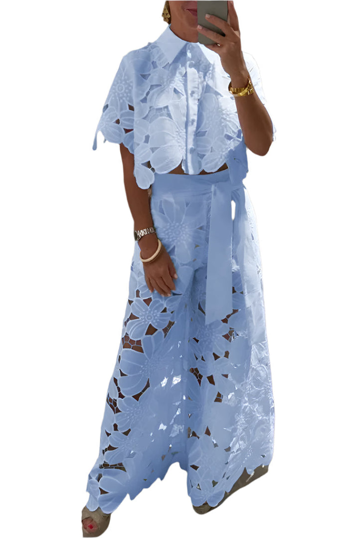 Celessia - Conjunto con blusa de encaje floral y pantalón de pierna ancha
