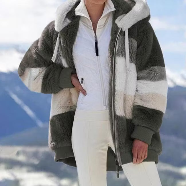 Ruelle - Abrigo de peluche con capucha, corte oversize