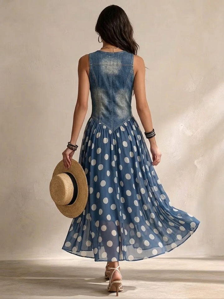 Ameliora - Vestido de lunares de tejidos combinados