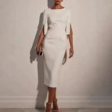 Avalyn - Vestido midi entallado con mangas adornadas con perlas