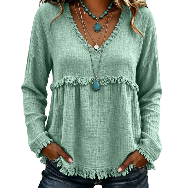 Ariselle - Blusa con escote en V y flecos