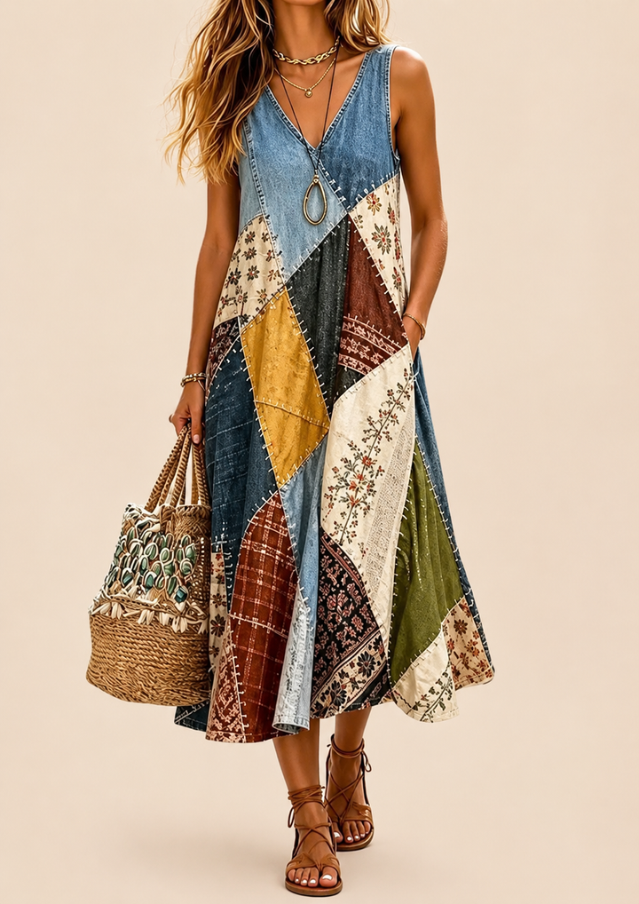 Arwyn - Vestido boho vaporoso de patchwork