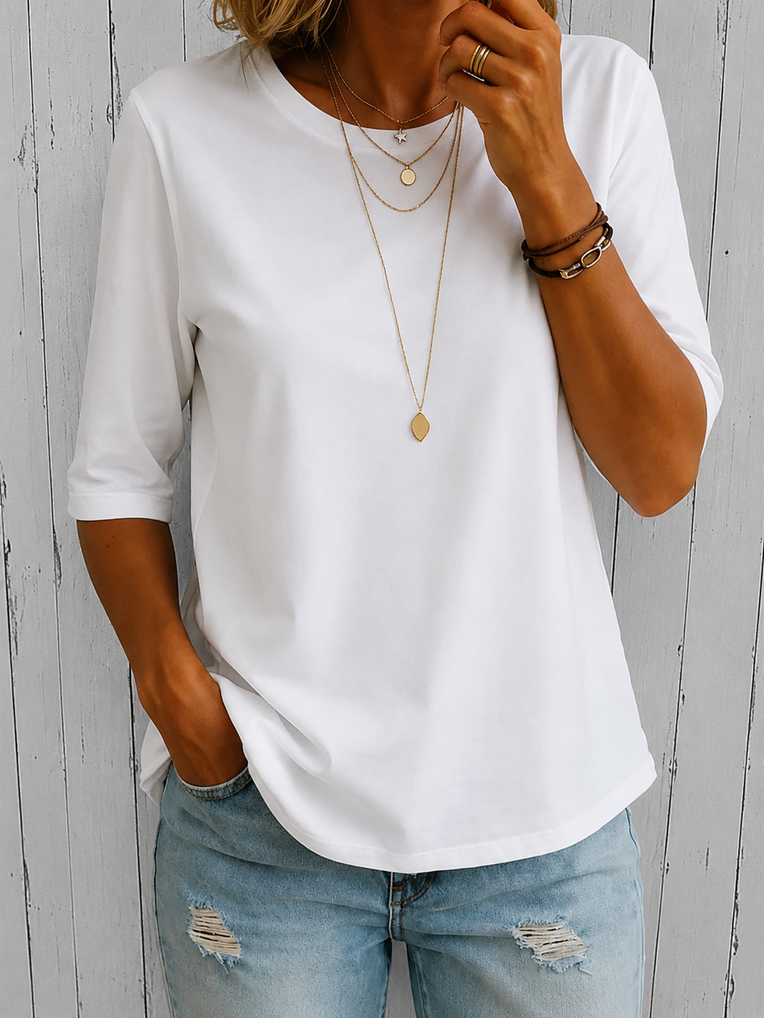 Bellavie - Blusa clásica de cuello redondo