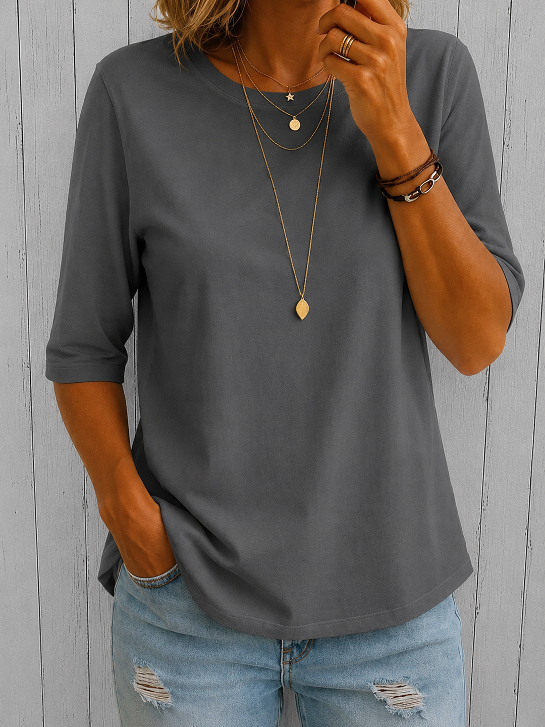 Bellavie - Blusa clásica de cuello redondo