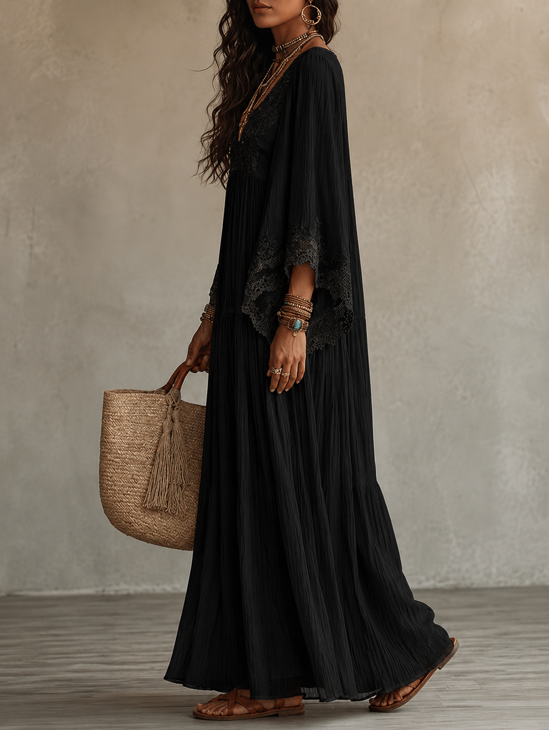 Aerinne - Vestido largo plisado vaporoso