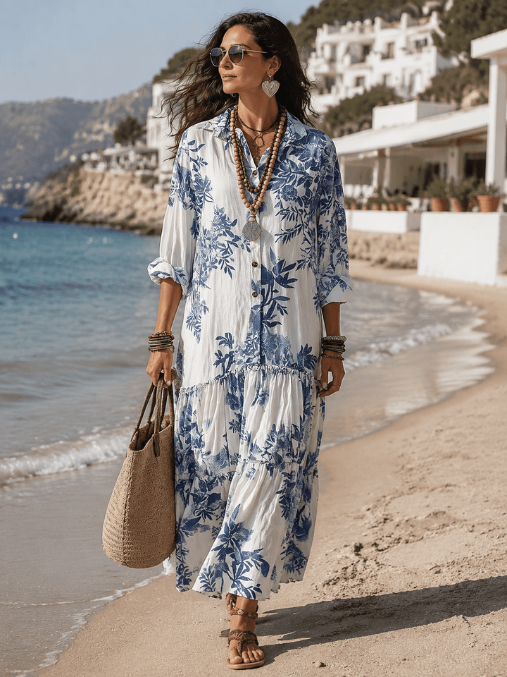 Thealise - Vestido largo ligero con estampado floral y botones
