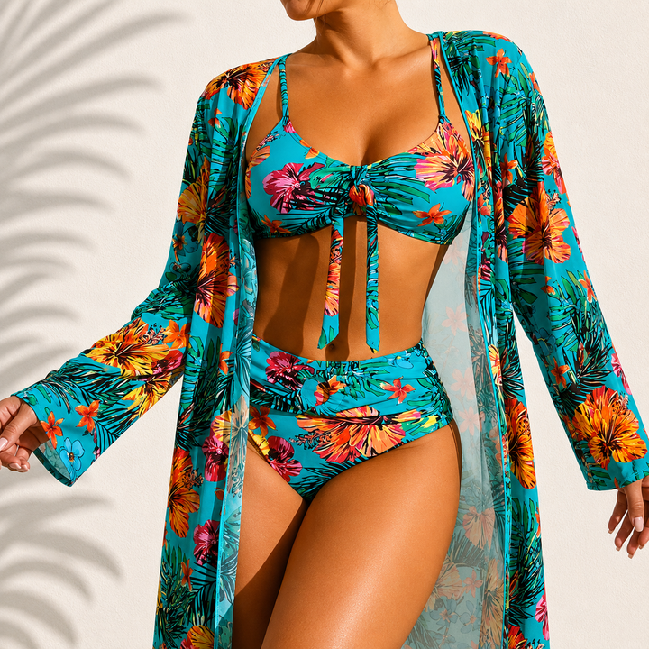 Brialise - Conjunto de bikini de talle alto y kimono