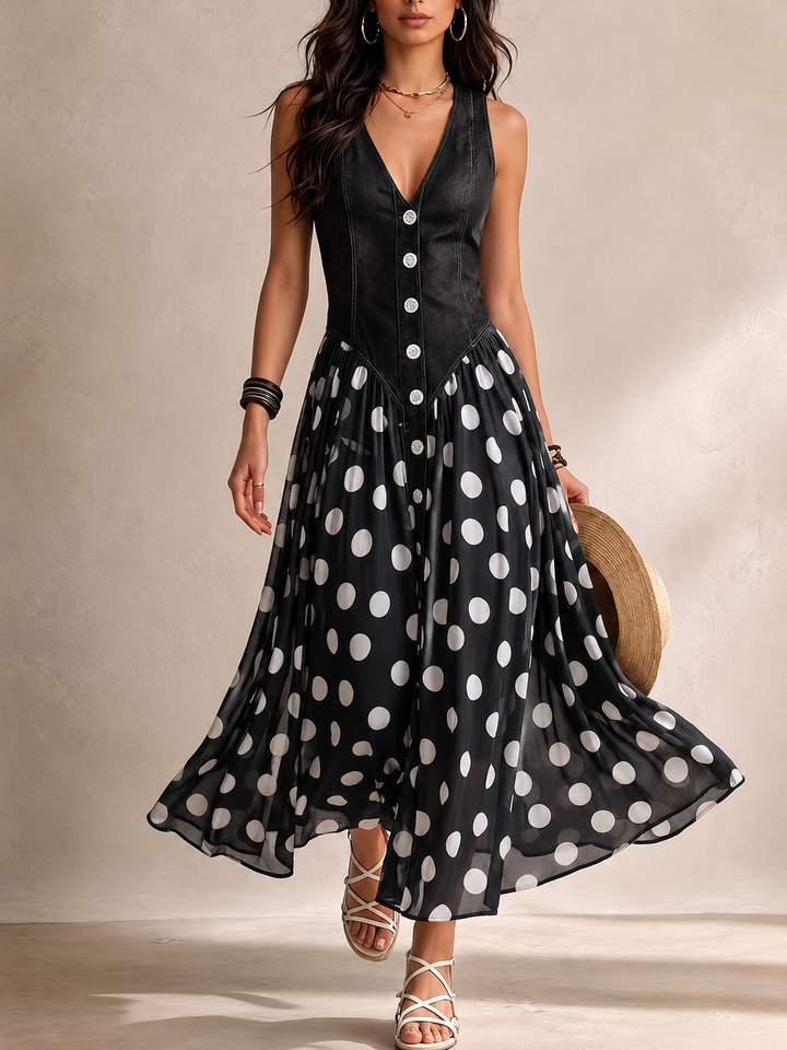 Ameliora - Vestido de lunares de tejidos combinados