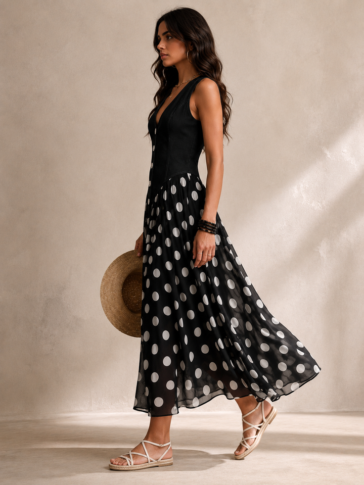 Ameliora - Vestido de lunares de tejidos combinados