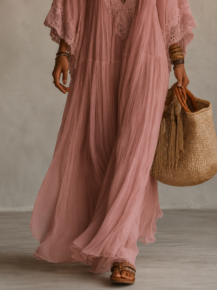 Aerinne - Vestido largo plisado vaporoso
