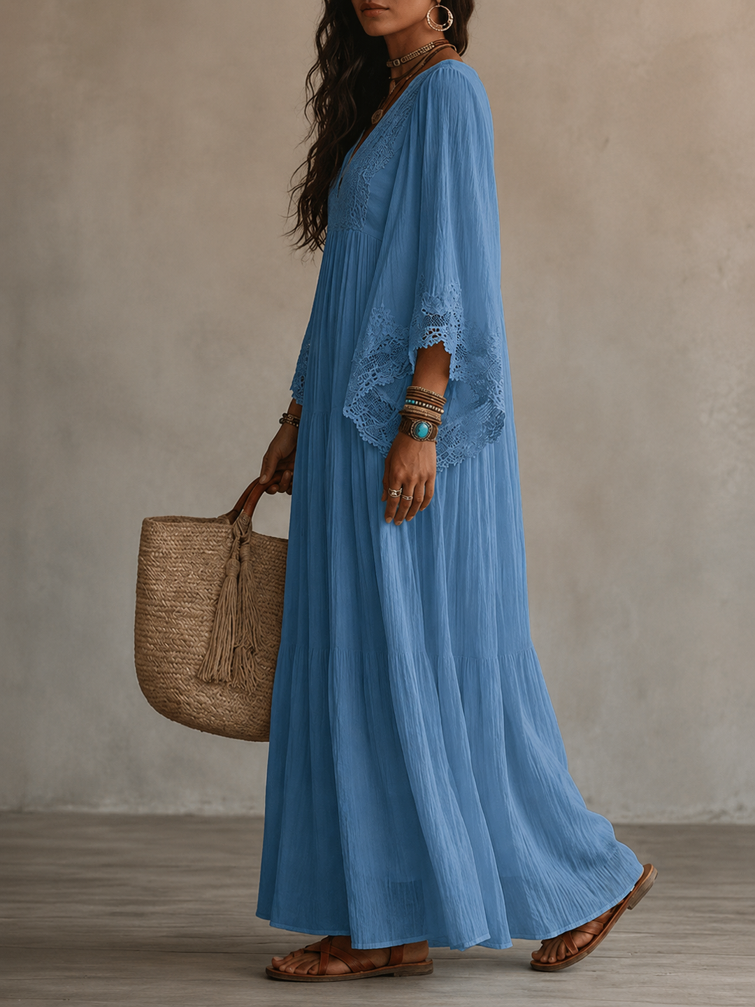 Aerinne - Vestido largo plisado vaporoso