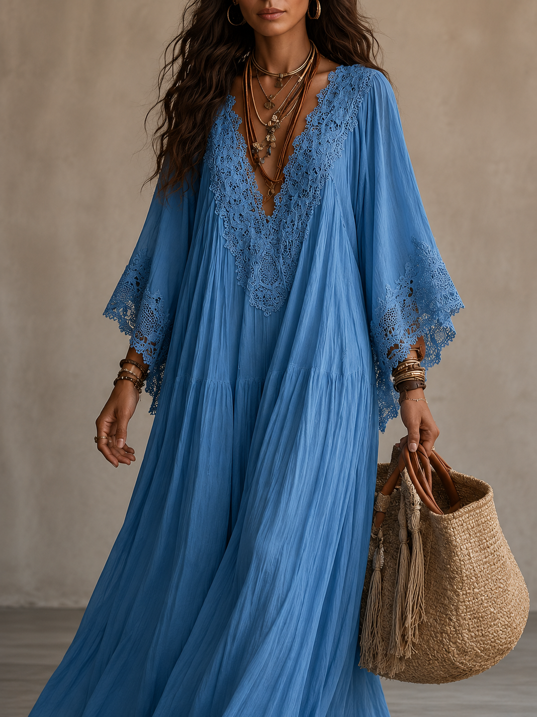 Aerinne - Vestido largo plisado vaporoso