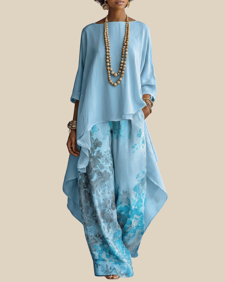 Anwyn - Conjunto de top de gasa con capas y pantalón de pierna ancha