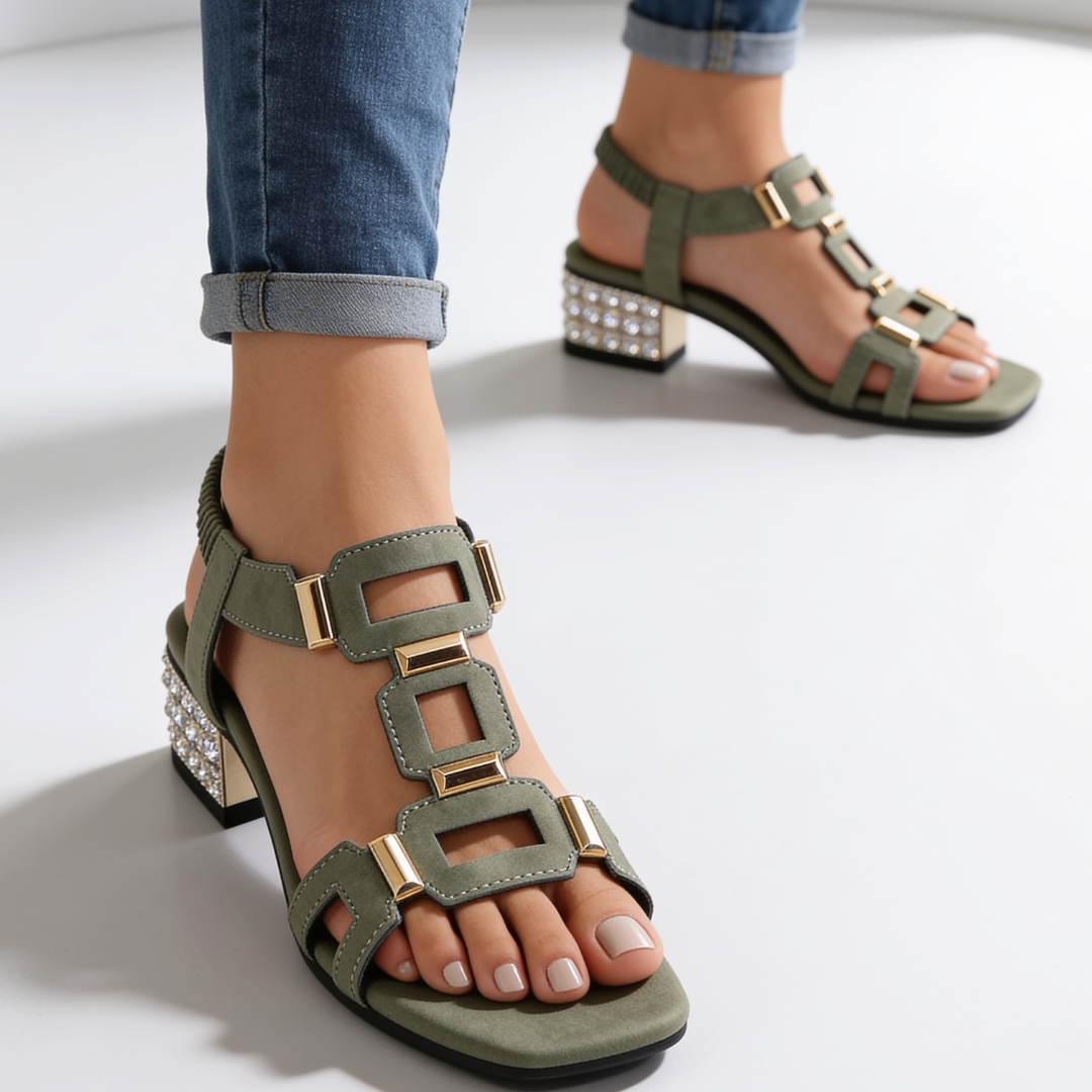 Marcella - Sandalias de tacón ancho con cristales