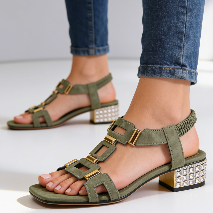 Marcella - Sandalias de tacón ancho con cristales